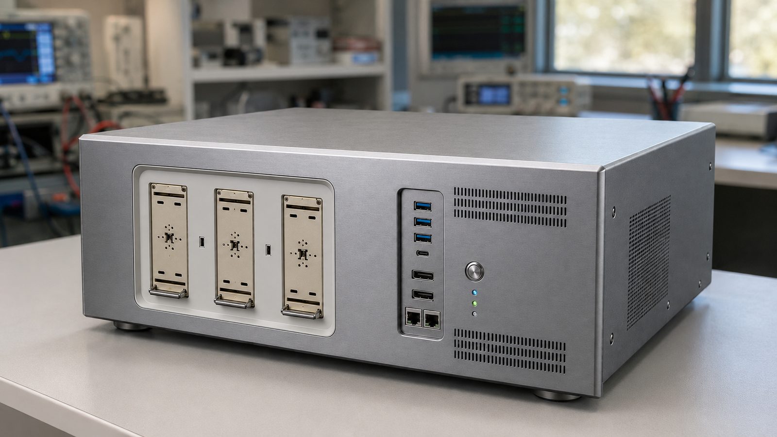 ALEVA ultrasound beamformer system unit with three probe connector ports on a laboratory bench