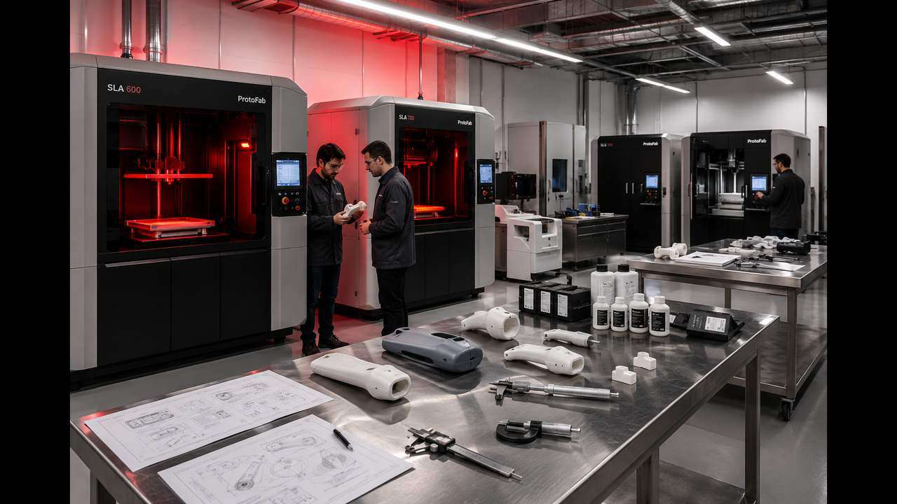 ALEVA rapid-prototyping lab with SLA and SLS 3D printers and printed device housings